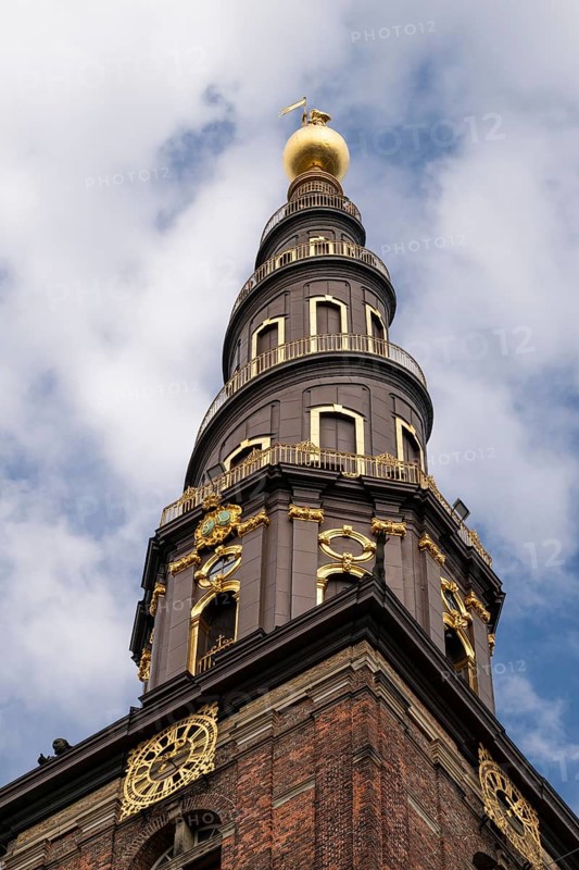 Corkscrew-shaped tower of the Evangelical Lutheran Church of the Saviour, in front of Frelsers Kirke, Christianshavn, Copenhagen, Denmark, Europe