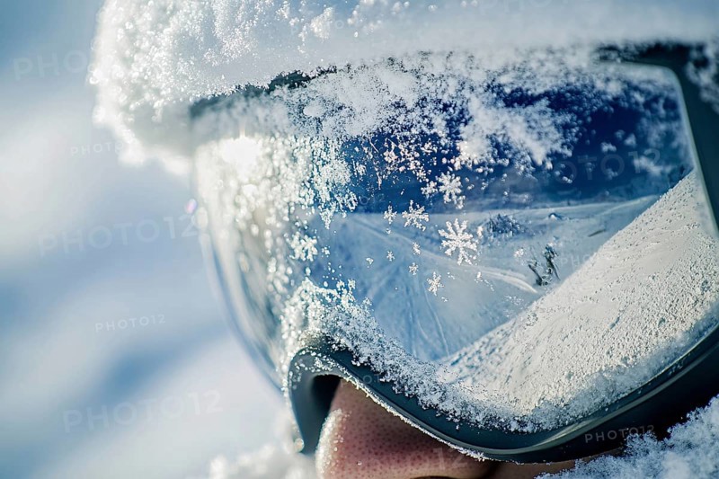 Close up of person's face with large skiing sunglasses with snow in winter. Generative Ai, AI generated