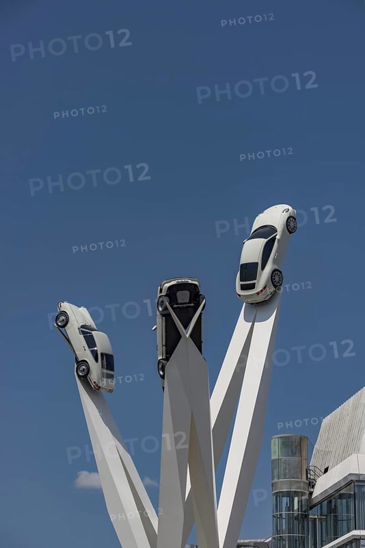 Artwork Inspiration 911 by Gerry Judah with Porsche 911 vehicles, Porscheplatz in Zuffenhausen, Stuttgart, Baden-Württemberg, Germany, Europe