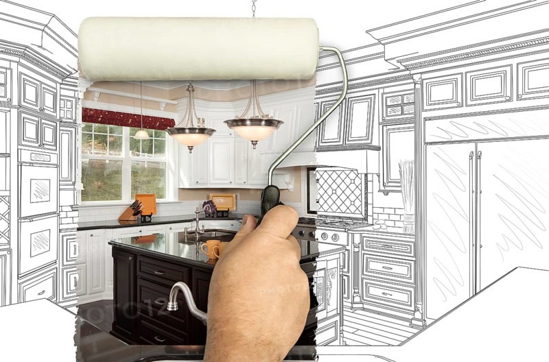 Before and after of man painting roller to reveal custom kitchen photograph under pencil sketch drawing plans
