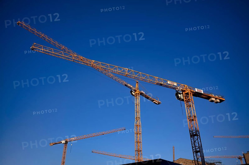 Old Bonatzbau station, cranes, Züblin construction cranes, construction site, Stuttgart 21 underground railway project, main station, logo, DB, Deutsche Bahn, sky, blue, Stuttgart, Baden-Württemberg, Germany, Europe