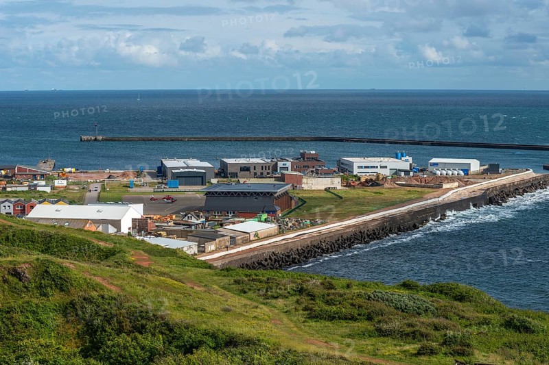 View from the Helgoländer Oberland to the industrial area, the outer harbour and the open sea, Helgoland Island, North Sea, Pinneberg district, Helgoland, Schleswig-Holstein, Germany, Europe