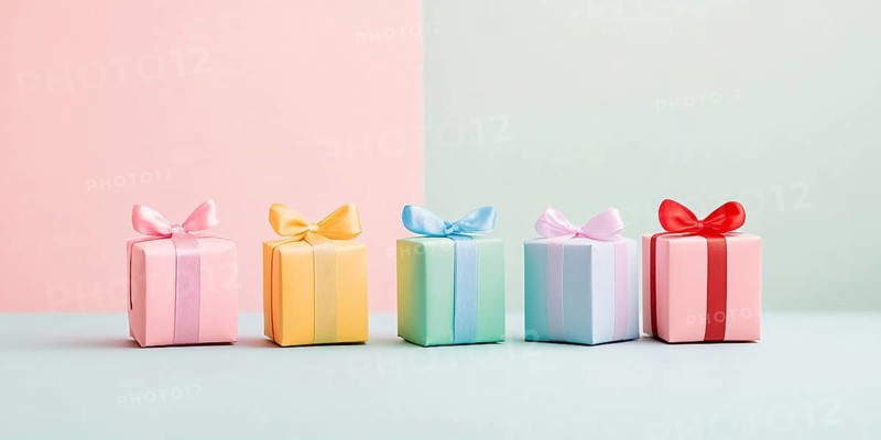 Top view of small gift boxes on pastel pink and green background. Generative Ai, AI generated