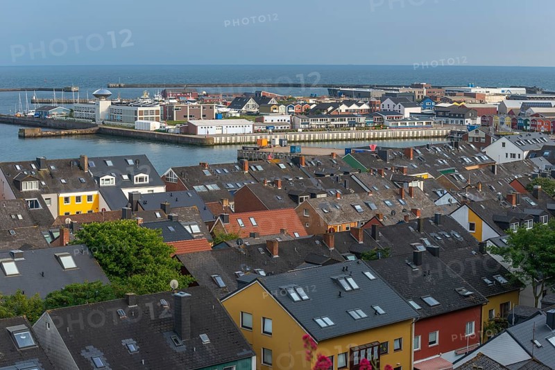 View from the Helgoland uplands over the roofs in the lowlands to the inland roadstead, harbour, Alfred Wegener Institute, offshore island of Helgoland, North Sea, Pinneberg district, Helgoland, Schleswig-Holstein, Germany, Europe