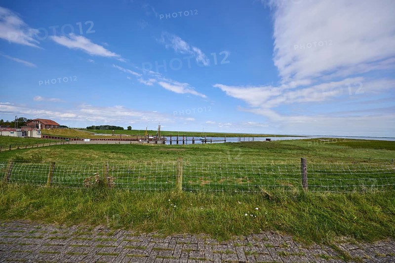 Dyke foreland with the entrance to Varel harbour in Varel, district of Friesland, Lower Saxony, Germany, Europe