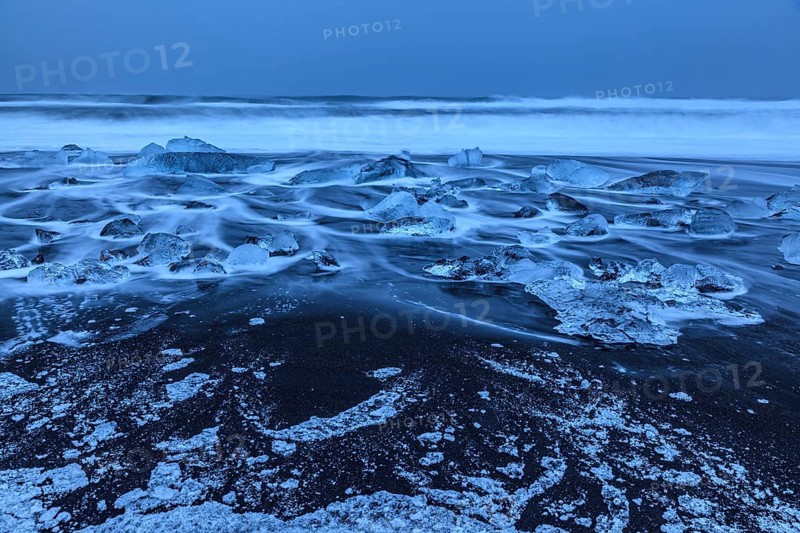 Ice floes, beach, sea, waves, cloudy, snow, Diamond Beach, Breidamerkursandur, Jökulsarlon, Iceland, Europe