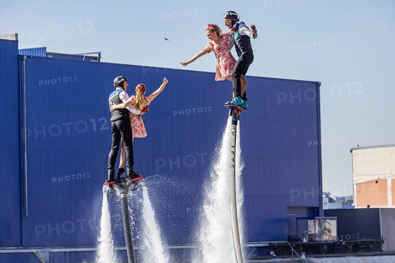 Harbour festival in Stuttgart. Spectacular jet ski and flyboard show on the Neckar. Stuttgart, Baden-Württemberg, Germany, Europe