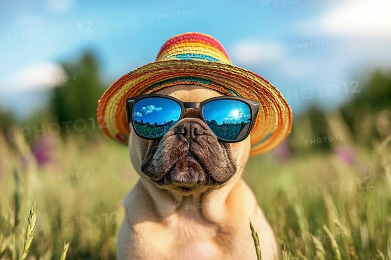 Cool fawn French Bulldog dog with sunglasses and summer straw hat in front of meadow. Generative Ai, AI generated