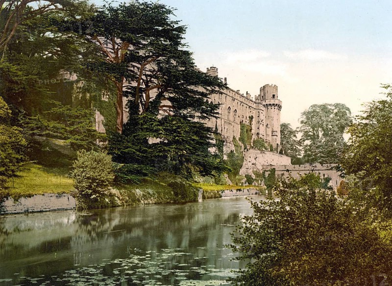 The medieval Warwick Castle in the county of Warwickshire, England, situated on a bend of the River Avon, Historical, digitally restored reproduction from a 19th century original, 1880, Record date not stated
