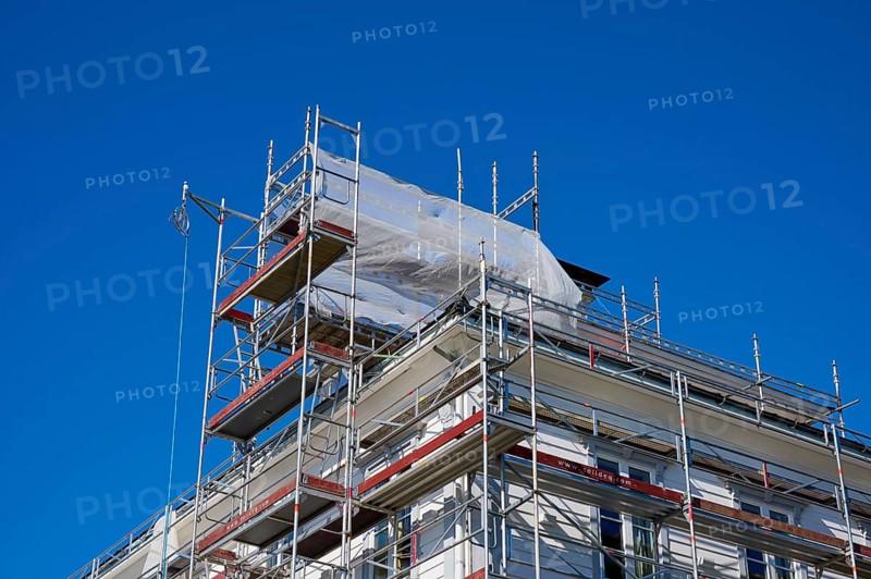 Scaffolding in front of a building under a clear blue sky, Fløibanen mountain station, Bergen, Vestland, Norway, Europe