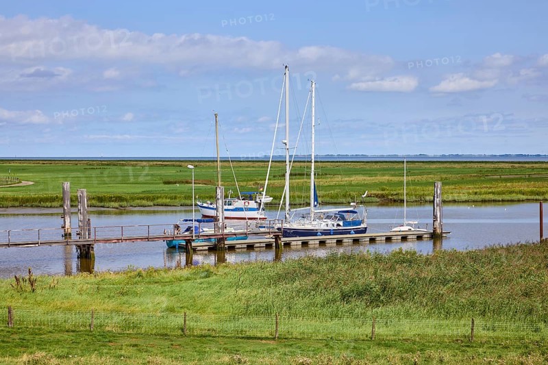 Sailing boats at the entrance to Varel harbour and dyke foreland in the town of Varel, district of Friesland, Lower Saxony, Germany, Europe