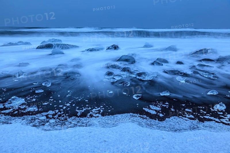 Ice floes, beach, sea, waves, cloudy, snow, Diamond Beach, Breidamerkursandur, Jökulsarlon, Iceland, Europe