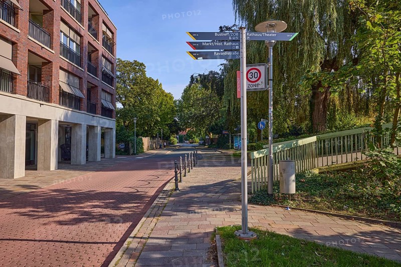 Signposts to the bus station ZOB, market, historic town hall, town hall and theatre in Bocholt, Münsterland, Borken district, North Rhine-Westphalia, Germany, Europe