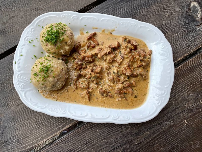 Bacon dumplings, chanterelles, mushroom cream sauce, on a plate, wooden table, food, Scena, Scena, South Tyrol, Autonomous Province of Bolzano, Italy, Europe