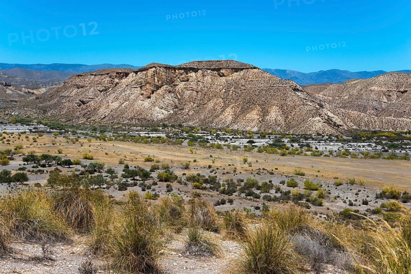 Mountainous hilly landscape with dry vegetation and a clear blue sky, Llano de Buho, Tabernas desert, Desierto de Tabernas, location of numerous films and westerns, Tabernas, Almeria, Andalusia, Spain, Europe