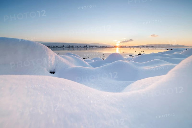 Winter snowy landscape on the lake at sunrise, quiet and peaceful atmosphere, Seegarten, Allensbach, Lake Constance, Baden-Württemberg, Germany, Europe