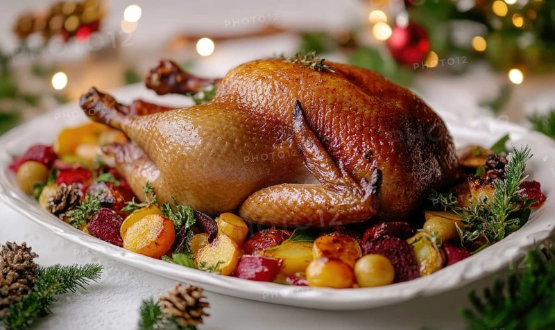 A large roasted turkey is on a white plate with a variety of vegetables and fruit. The turkey is surrounded by cranberries, apples, and other fruits and vegetables, creating a festive AI generated
