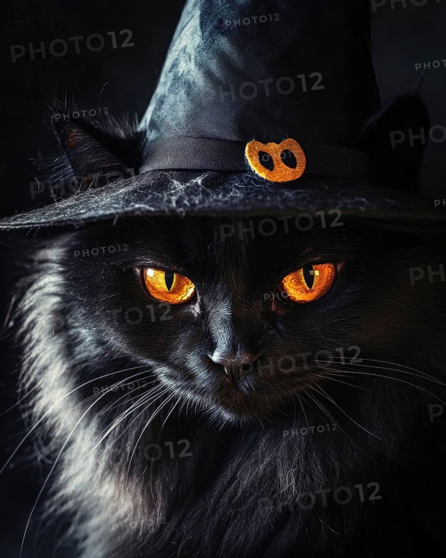 A large fluffy black cat with glowing amber eyes, wearing a tall witch's hat AI generated