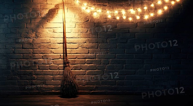 A minimalist witch's broom adorned with warm glowing garlands, against a simple brick wall AI generated