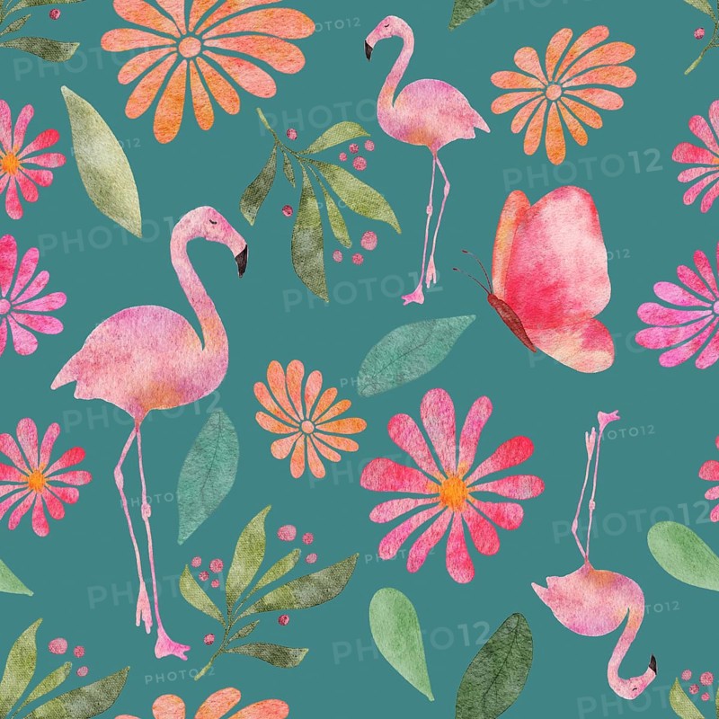 Seamless watercolor pattern illustration with butterflies, flamingos, flowers and leaves on dark turquoise background
