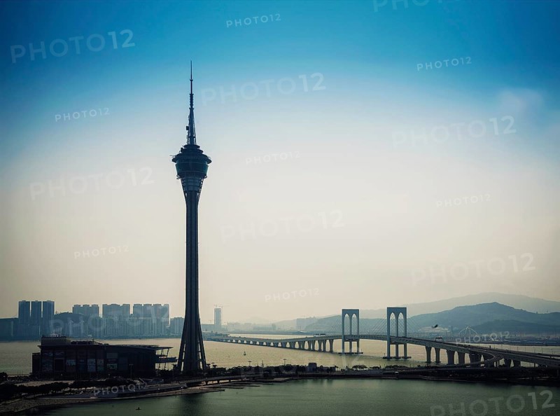 Macau tower urban landmark skyline and taipa bridge in macao china
