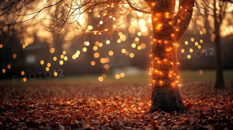 Bare autumn tree with few remaining leaves, strung with warm glowing fairy lights AI generated
