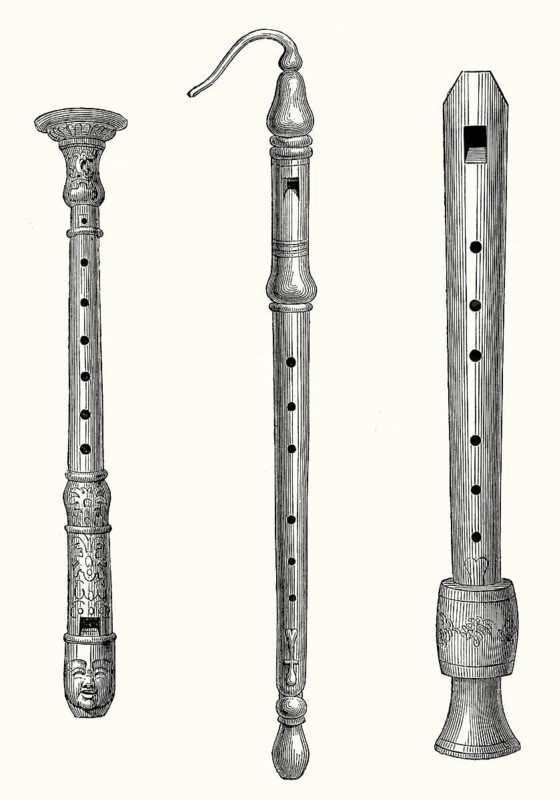 Various forms of old woodwind instruments, Ivory flute, beak flute, bass flute