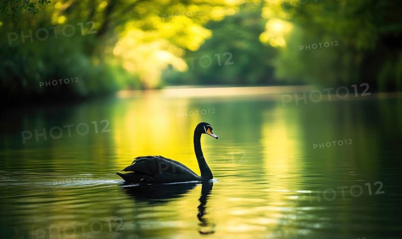 Black swan gliding across a reflective river, soft shadows and light shimmering in the water AI generated