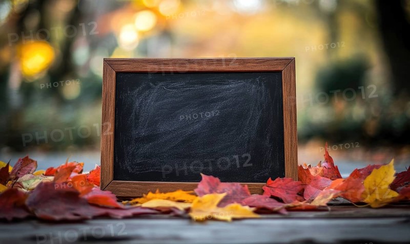 Empty chalkboard framed in wood surrounded by vibrant autumn leaves in an outdoor setting with a blurred background AI generated