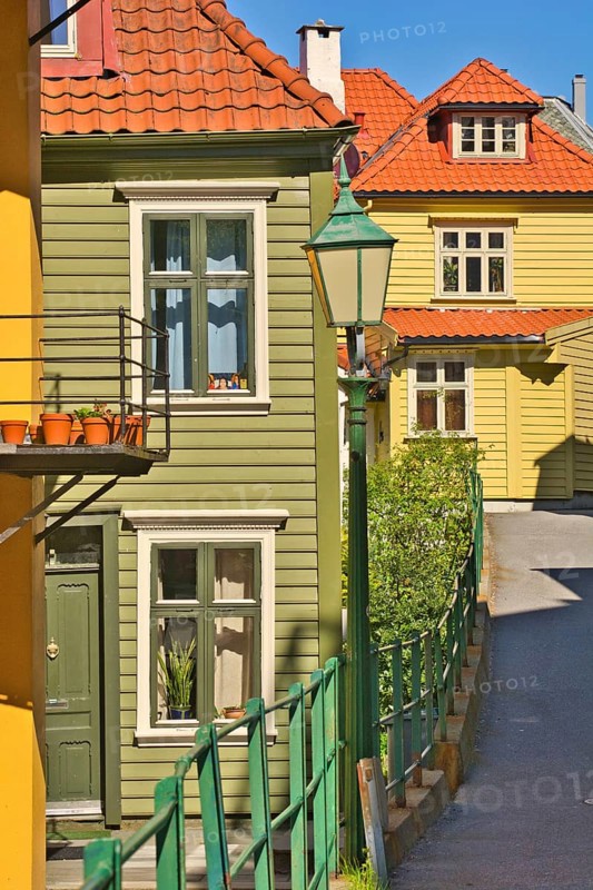 Bergen, Norway, May 2015: Wooden houses and architecture of the norwegian city of gamle Bergen, Europe