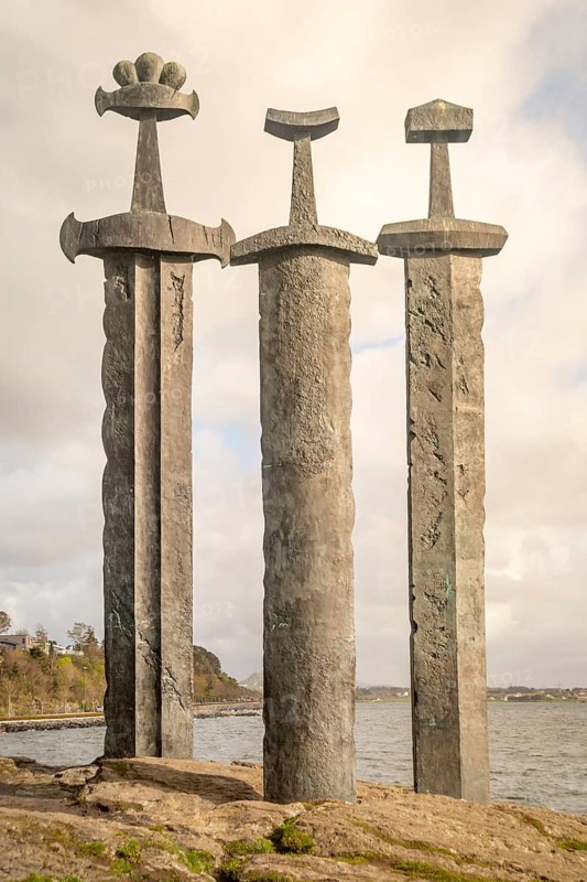 Hafrsfjord, Norway, May 2014: Swords in rock monument in Hafrsfjord, Norway, neighborhood of Madla, a borough city of Stavanger, created by Fritz Roed, Europe