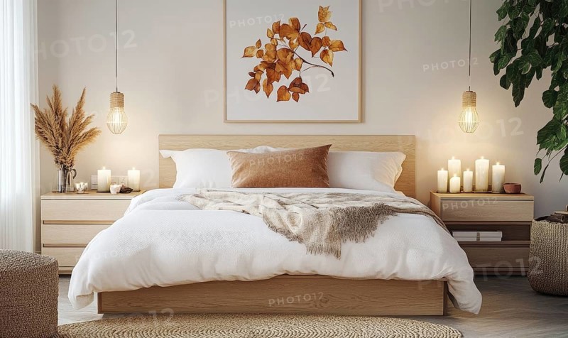 Simple bedroom with a white bed, light wooden nightstands, and autumn-themed artwork on the walls AI generated