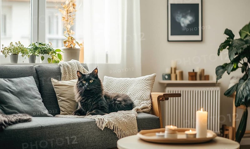 A living room with a beige sofa, wooden coffee table, autumn leaves in a vase, candles on the table and a black Maine Coon cat AI generated