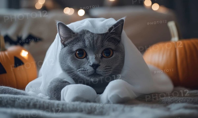 Close-up of a gray cat in a ghost costume, with soft shadows and Halloween decorations around AI generated