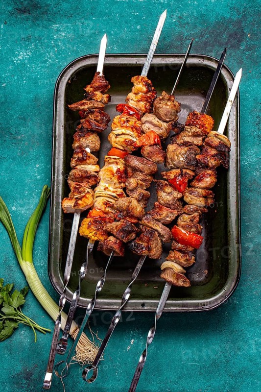 Food, Bbq grilled meat pork, chicken and vegetable skewers on tray. Top view, flat lay