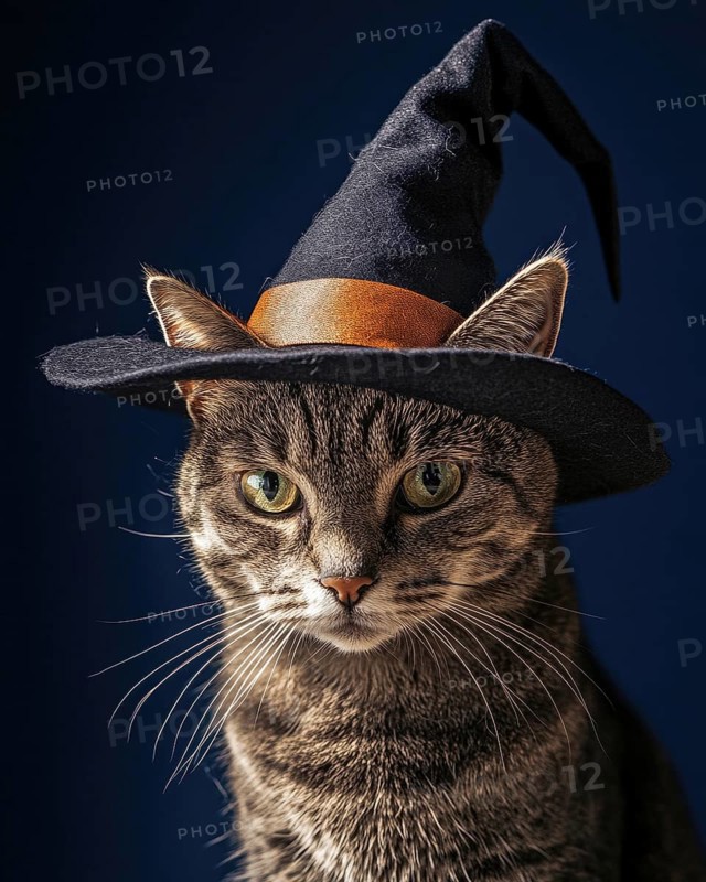 A grey tabby cat with a serious expression, wearing a slightly oversized witch's hat AI generated