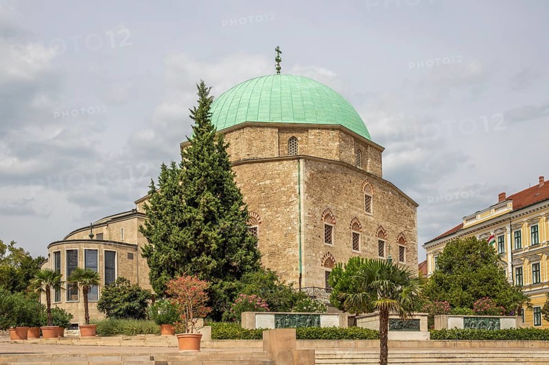 Historic city centre and central square with old historic buildings. Széchenyi Square in the centre of the five-church town shows the historical heritage of the city of Pécs, Dél-Dunántúl, Hungary, Europe