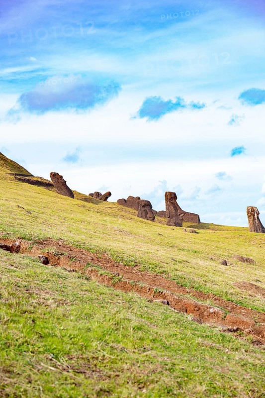 Moai on Ranu Raraku Volcan. Ester Island Landscape