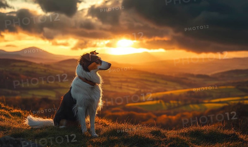 Collie standing on a hilltop, overlooking a valley at sunrise AI generated