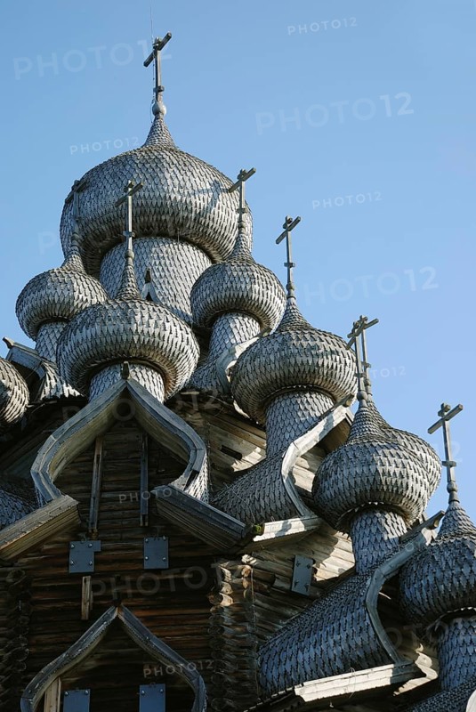 Domes of the famous Church of the Transfiguration (Kizhi ensemble), the masterpiece of wooden architecture