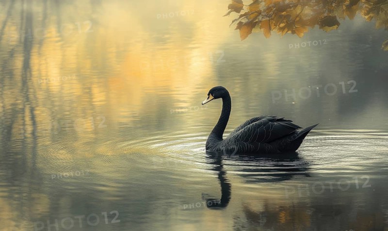 Black swan drifting on a still pond, soft ripples and reflections shimmering in the water AI generated
