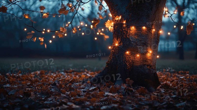 Leafless autumn tree adorned with glowing fairy lights AI generated