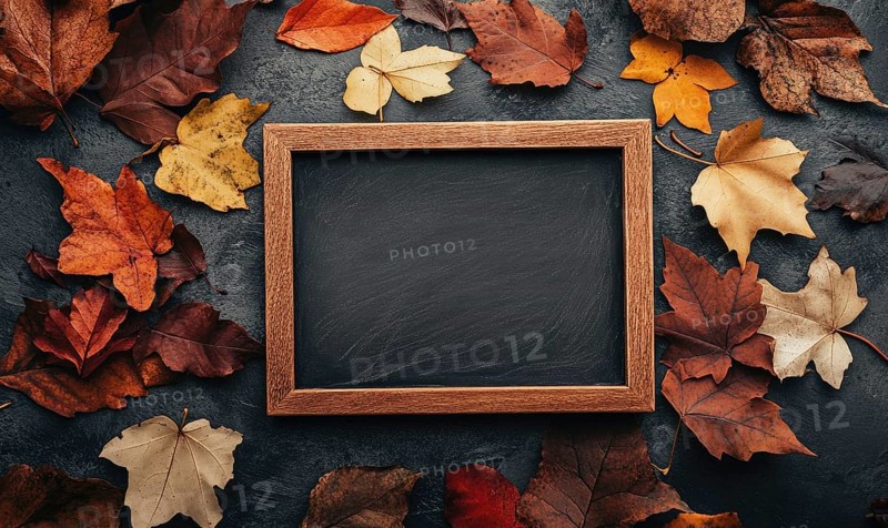 An empty chalkboard with a wooden frame, surrounded by fall-colored autumn leaves AI generated