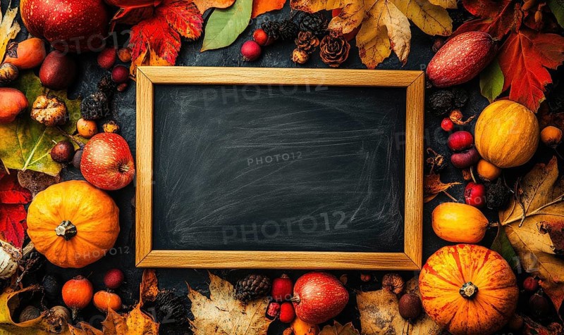 Chalkboard in the center of a countertop, decorated with autumn leaves AI generated