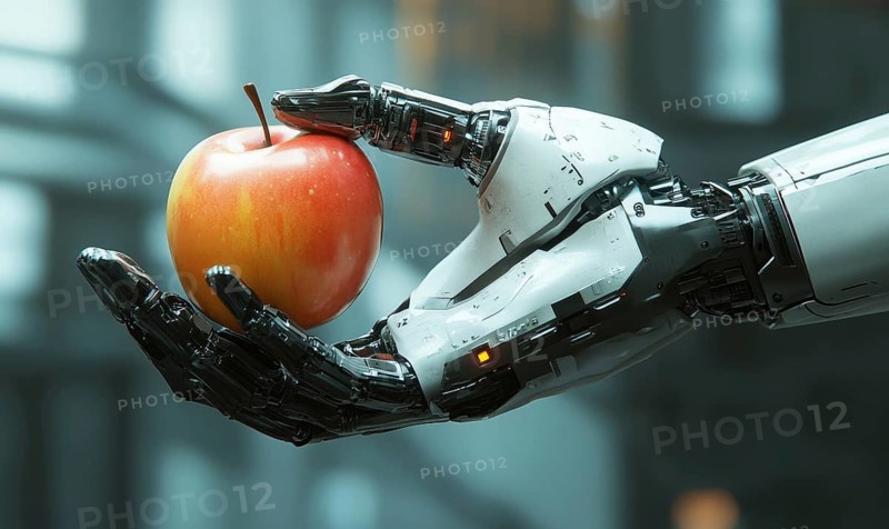 A robot hand grasping a shiny red apple, set against a futuristic and technological background AI generated