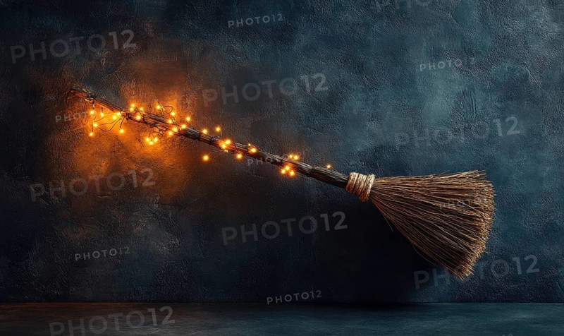 Witch's broom adorned with glowing garlands AI generated