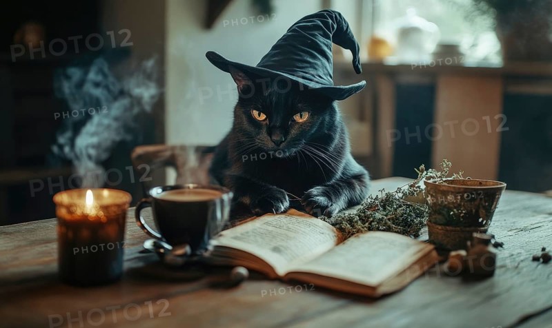 A black cat sits at a wooden table, wearing a witches hat, with a steaming cup of coffee in front of it AI generated