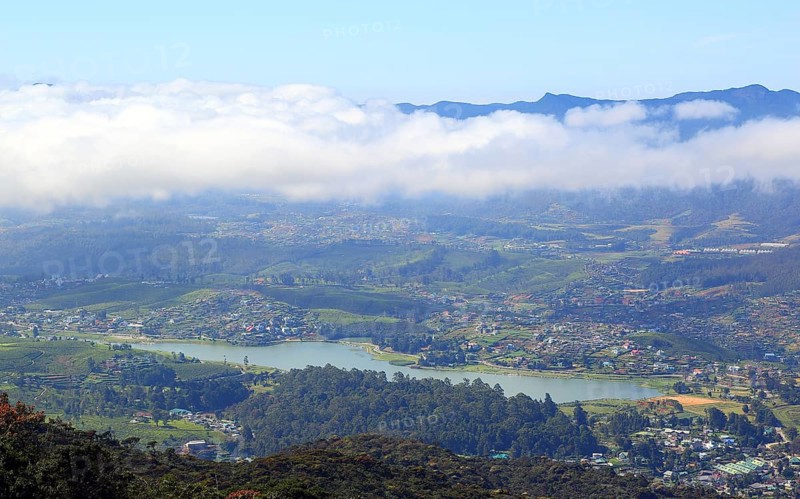 Aerial view on Nuwara Eliya, Gregory lake and clouds over, Sri Lanka, Asia