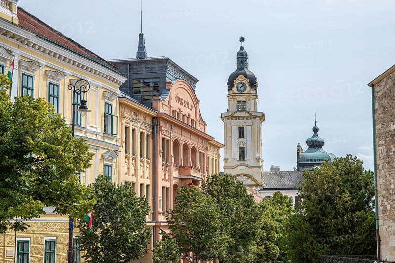 Historic city centre and central square with old historic buildings. Széchenyi Square in the centre of the five-church town shows the historical heritage of the city of Pécs, Dél-Dunántúl, Hungary, Europe