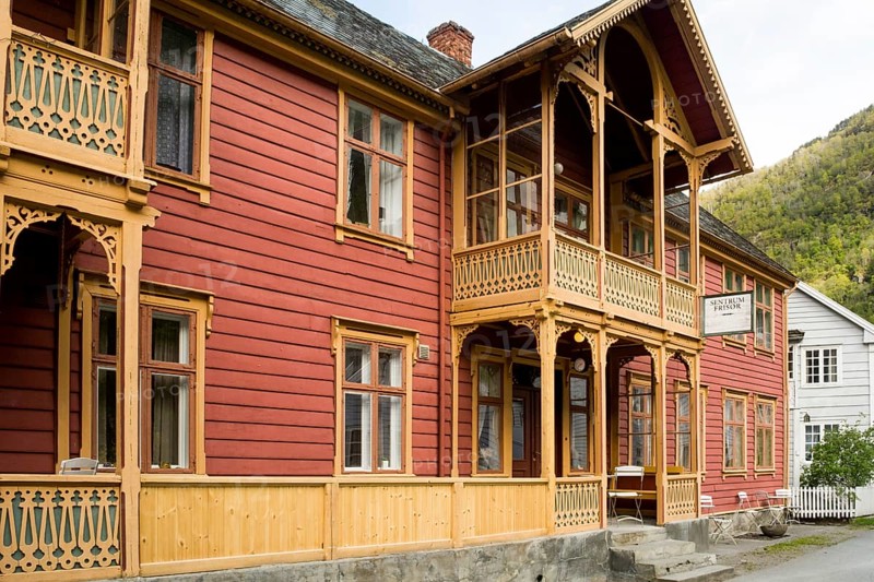 Laerdal, Sogn og Fjordane, Norway, May 2015: street scene with typical and historical houses of Laerdal or Laerdalsoyri in Norway, Europe